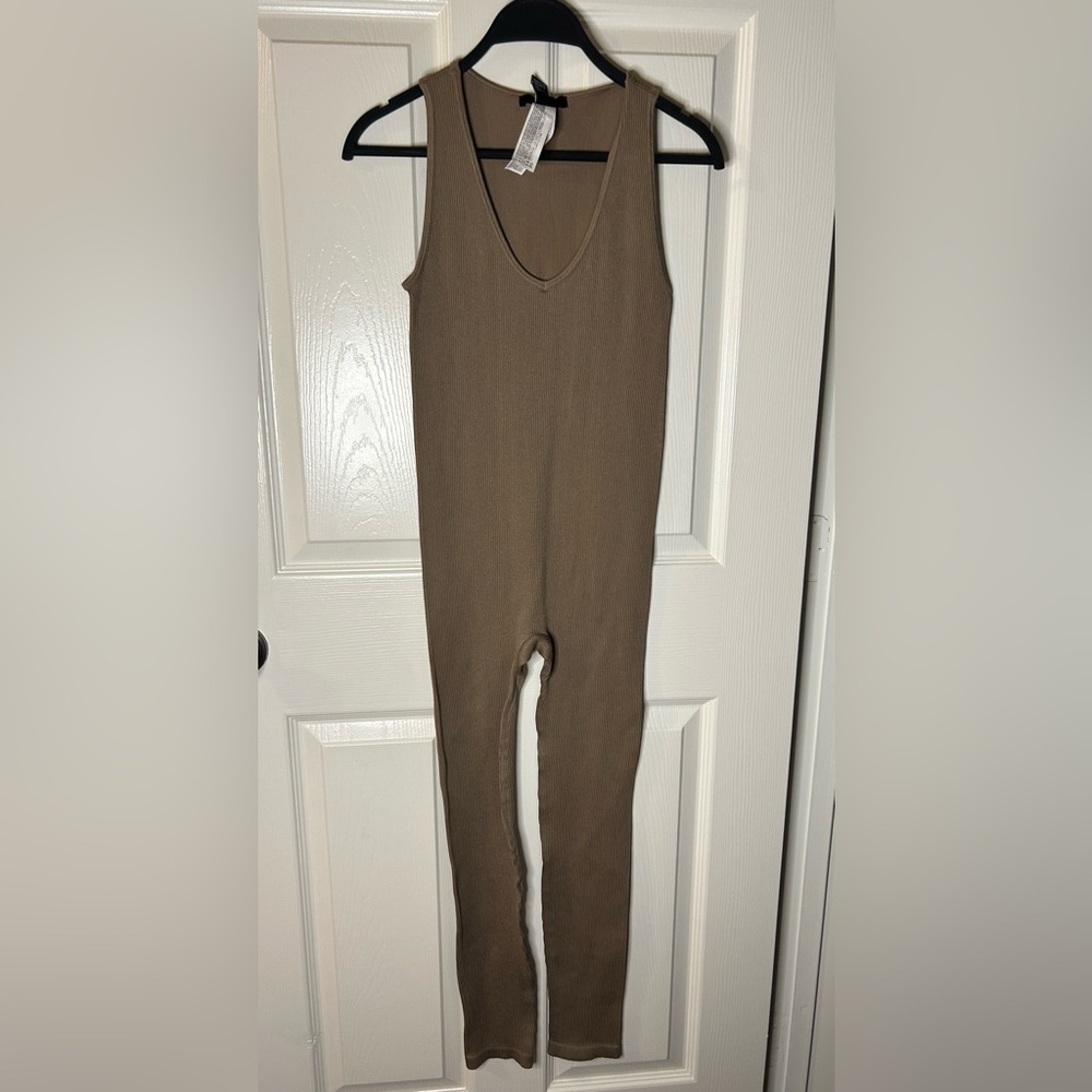 Taupe-Brown Ribbed Tank 1pc Jumpsuit